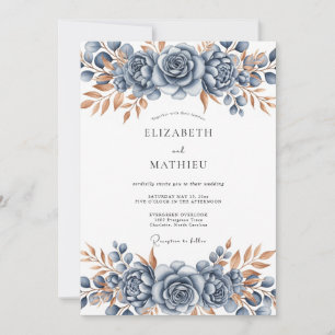 Invitación Boda Botánica de Bronce Azul Acero