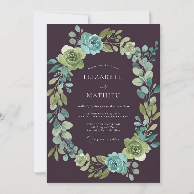 Invitación Boda Botánica de Ciruela Azul Profunda (Anverso)