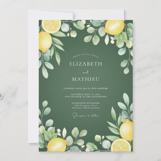 Invitación Boda Botánica de Cítricos Verde Oliva (Anverso)