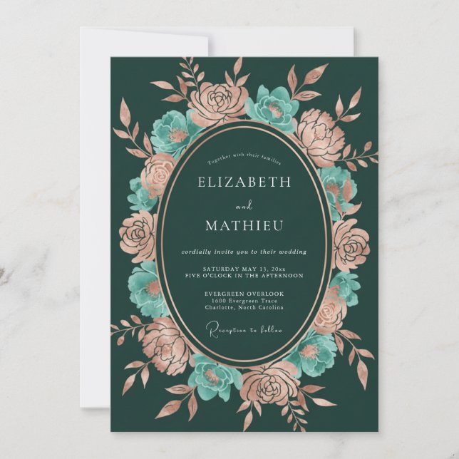 Invitación Boda Botánica de Cobre Verde Cazador (Anverso)