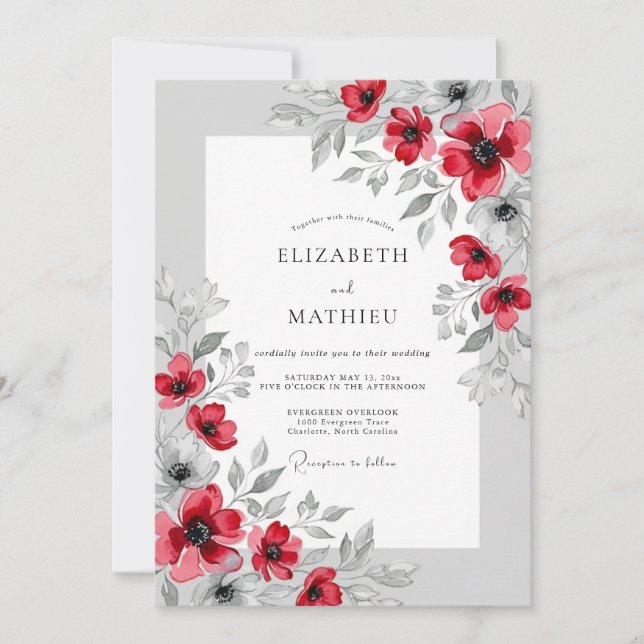 Invitación Boda Botánica de Color Carmesí Pulido (Anverso)