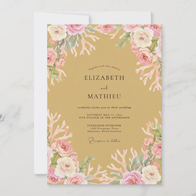 Invitación Boda Botánica de Coral Rosado (Anverso)