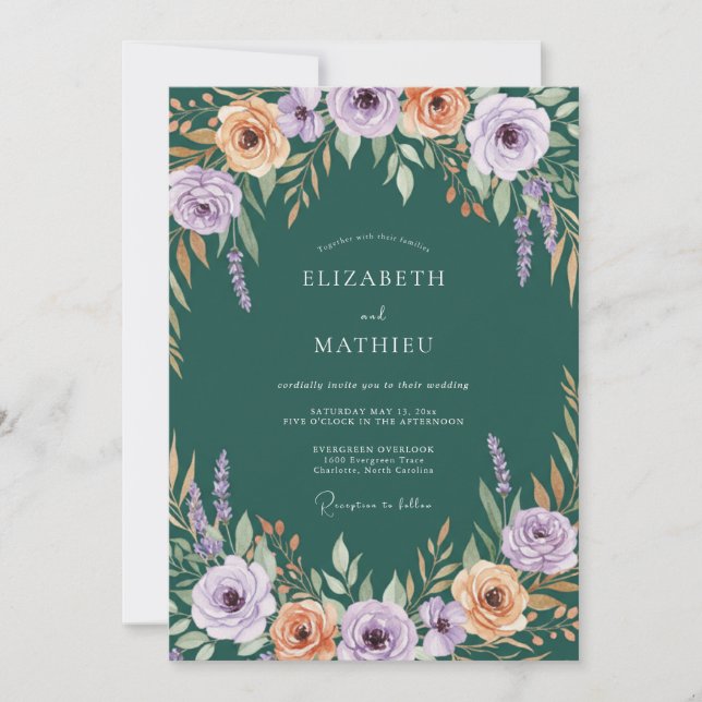 Invitación Boda Botánica de Coral y Lavanda (Anverso)