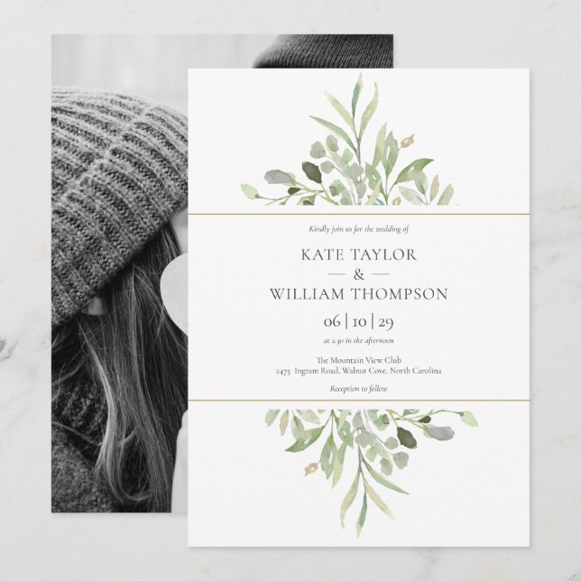 Invitación Boda Botánica de Eucalipto Verde (Anverso / Reverso)