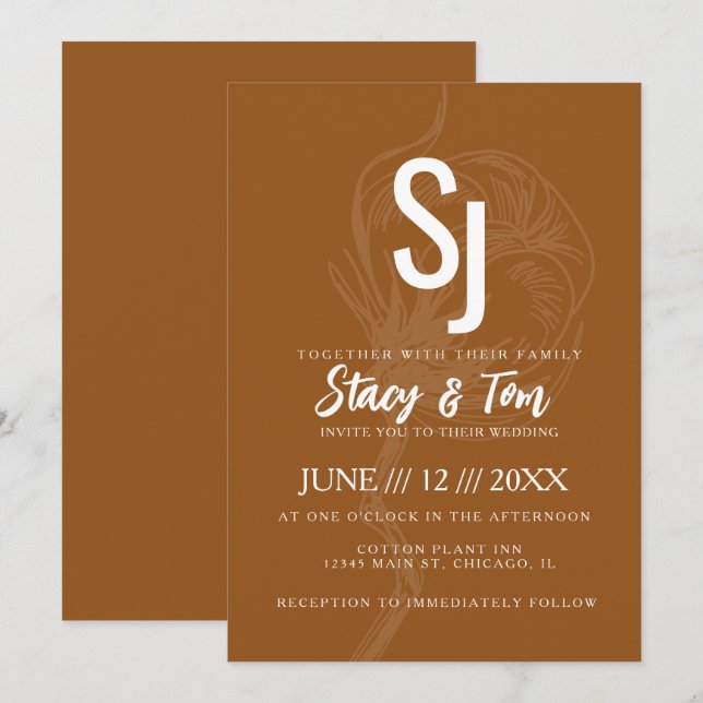 Invitación Boda Botánica de Flor de Algodón Terracota (Anverso / Reverso)