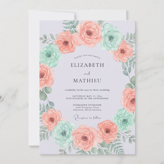 Invitación Boda Botánica de Flor de Melocotón y Menta (Anverso)