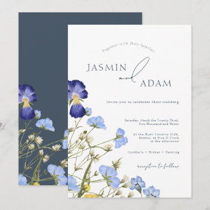 Invitación Boda Botánica de Flor Silvestre Azul Elegante