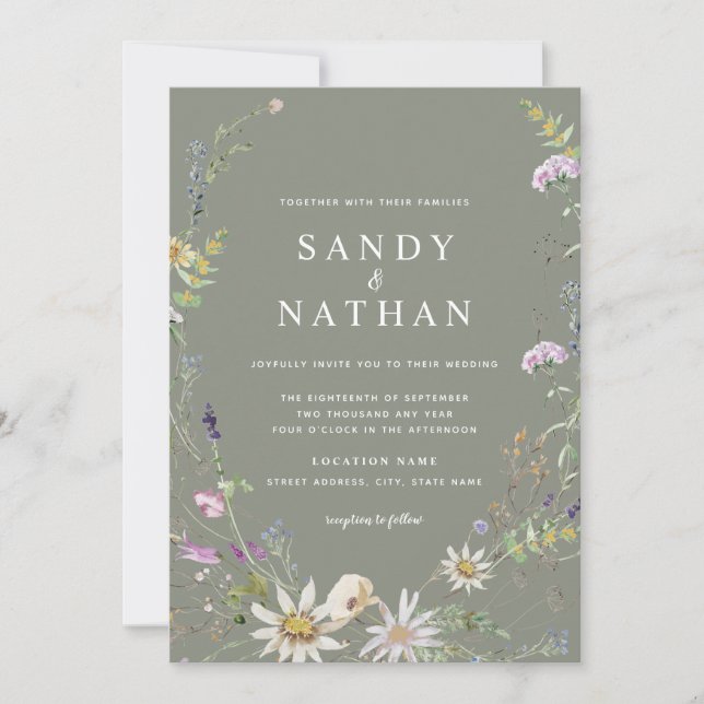 Invitación Boda Botánica de Flor Silvestre Caprichosa Salvia (Anverso)