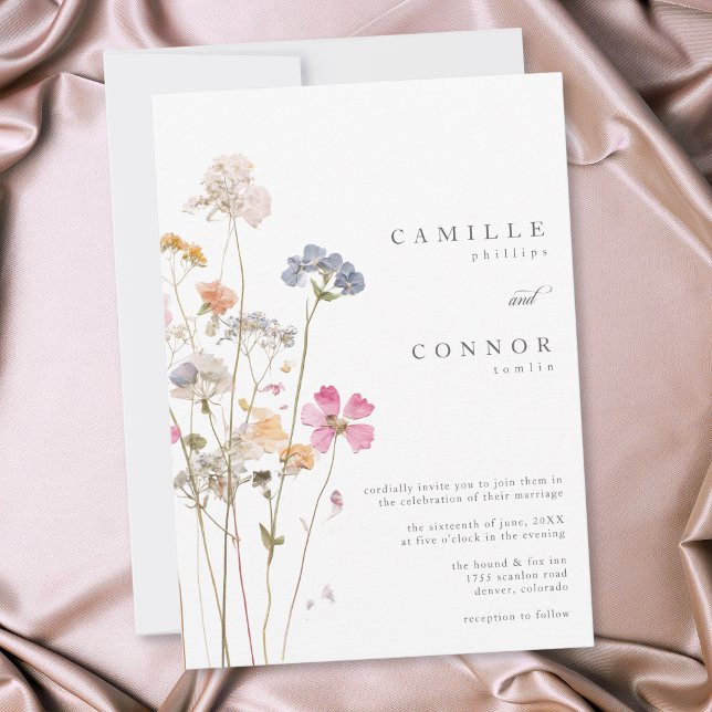 Invitación Boda Botánica de Flor Silvestre Prensada Boho Mini (Boho Minimal Pressed Wildflower Botanical Wedding Invitation)