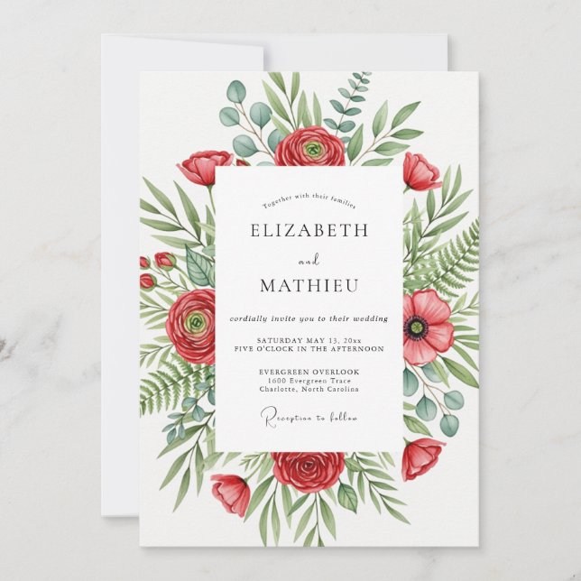 Invitación Boda Botánica de Floración Roja (Anverso)