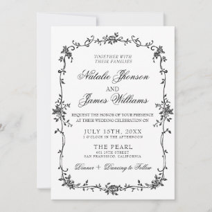 Invitación Boda Botánica de Flores Elegantes en Blanco y Negr