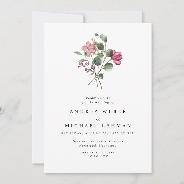 Invitación Boda Botánica de Flores Prensadas Magenta (Anverso)