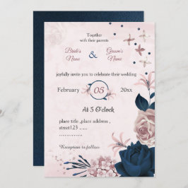 Invitación boda botánica de flores rosadas y navy