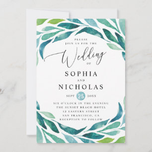 Invitación Boda botánica de follaje verde azul acuarela