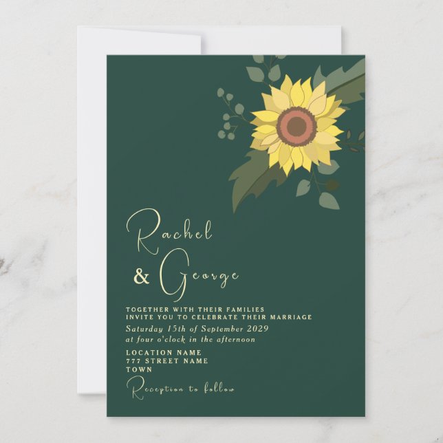 Invitación Boda Botánica de Girasol Esmeralda Verde (Anverso)