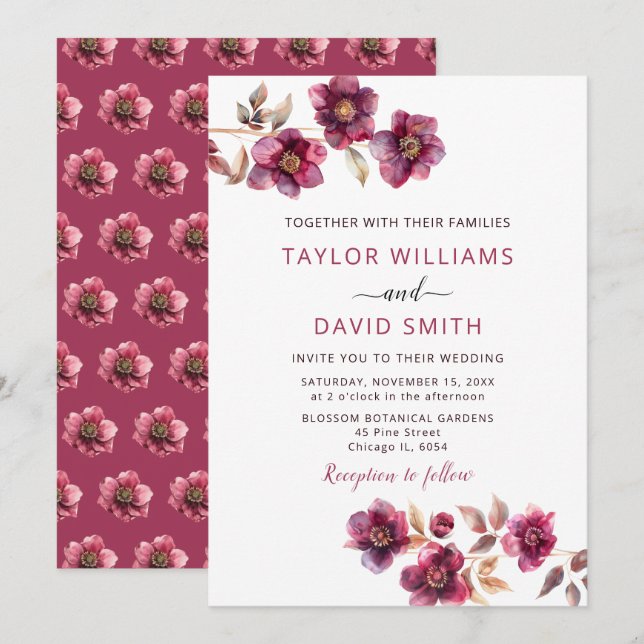 Invitación Boda Botánica de Hellebore Borgoña (Anverso / Reverso)