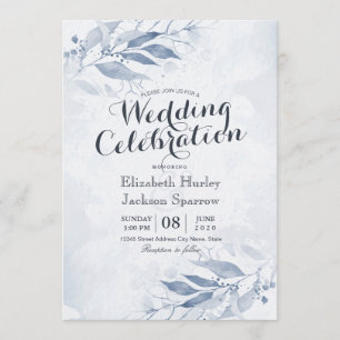 Invitación Boda Botánica de Hojas de Acuarela Azul Flores