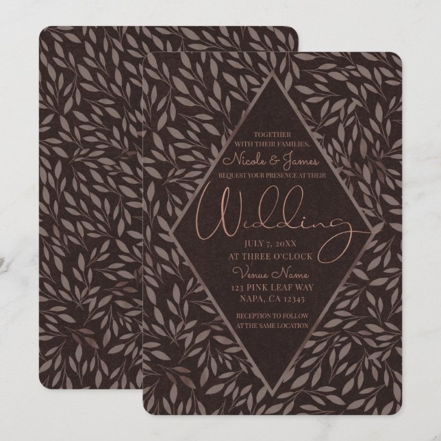Invitación Boda Botánica de Hojas Rosadas Malva de Chocolate (Anverso / Reverso)