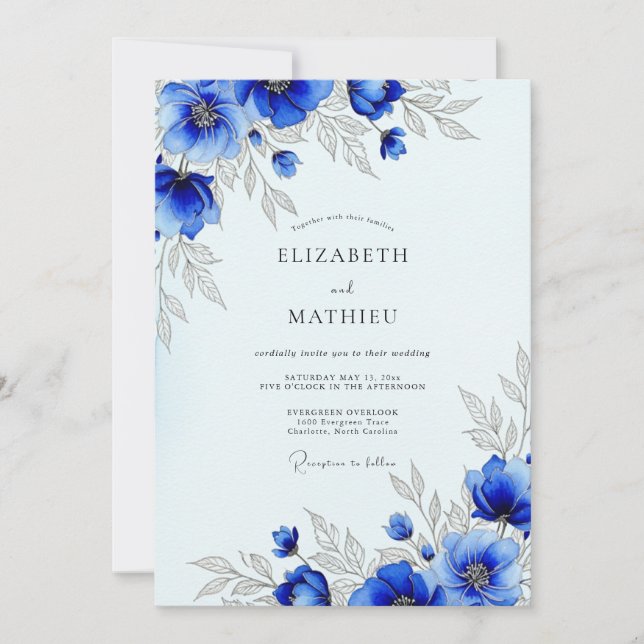 Invitación Boda Botánica de Impacto Azul Real (Anverso)