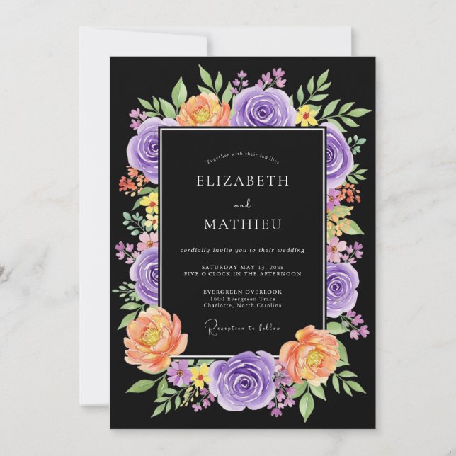 Invitación Boda Botánica de Impacto Negro (Anverso)