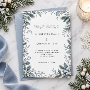 Invitación Boda Botánica de Invierno Azul Hielo