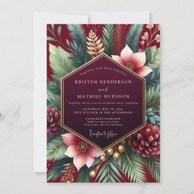 Invitación Boda Botánica de Invierno Borgoña (Anverso)