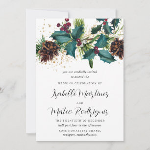 Invitación Boda Botánica de Invierno con Acebo Rústico y Baya