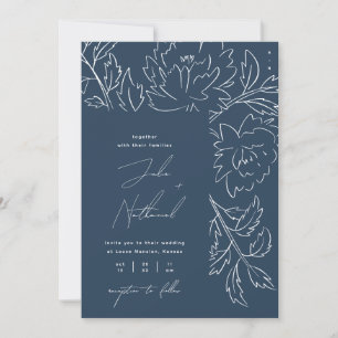 Invitación Boda Botánica de Invierno en Azul Marino