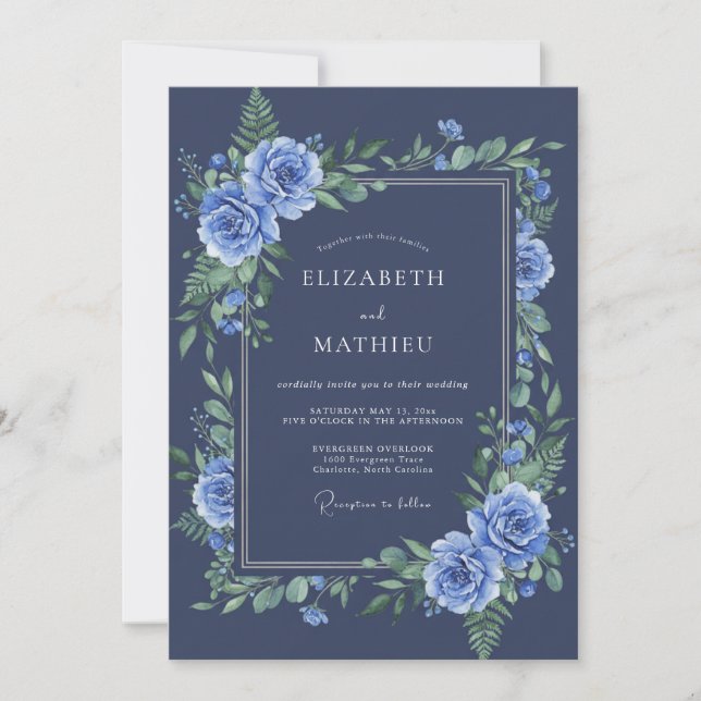 Invitación Boda Botánica de Invierno en Azul Marino (Anverso)