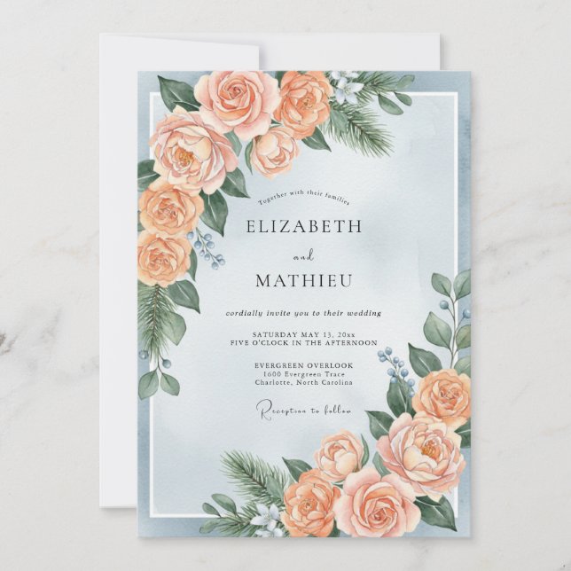 Invitación Boda Botánica de Invierno en Azul Polvo (Anverso)