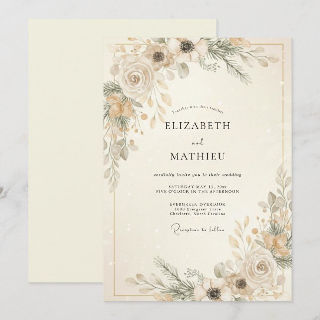 Invitación Boda Botánica de Invierno Serena de Marfil (Anverso / Reverso)