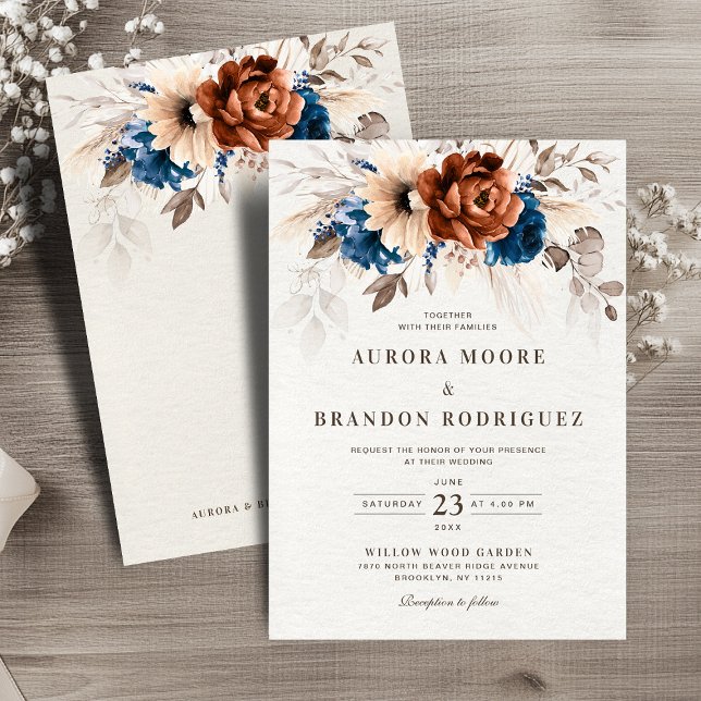 Invitación Boda Botánica de la Marina de Terracota Azul Pampa (Terracotta Navy Blue Pampas Grass Botanical Wedding Invitation)