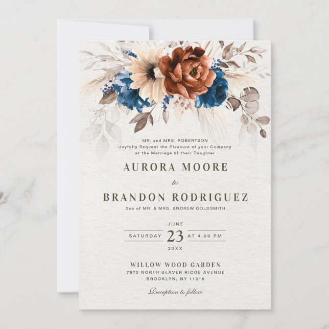 Invitación Boda Botánica de la Marina de Terracota Azul Pampa (Anverso)