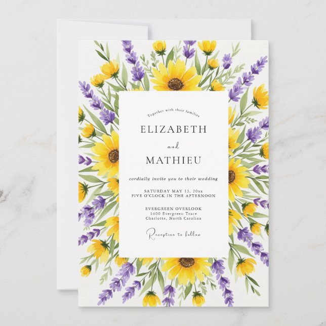 Invitación Boda Botánica de Lavanda Amarilla (Anverso)
