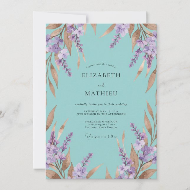 Invitación Boda Botánica de Lavanda Verde (Anverso)