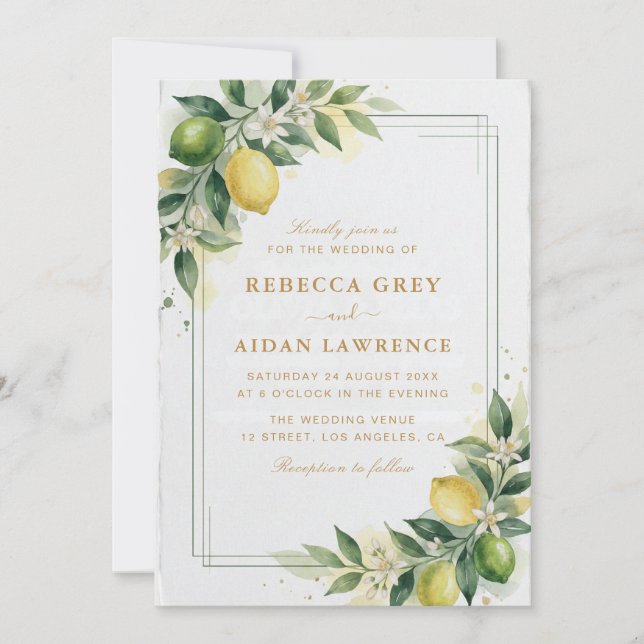 Invitación Boda Botánica de Limón Verde Acuarela (Anverso)