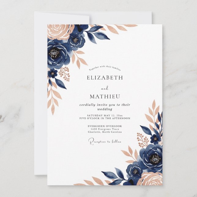 Invitación Boda Botánica de Lujo Azul Marino (Anverso)