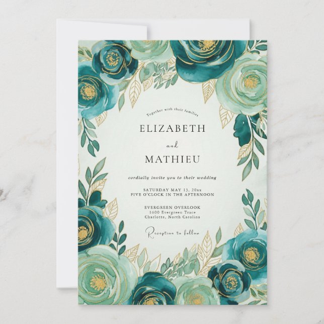 Invitación Boda Botánica de Lujo Teal Gold (Anverso)