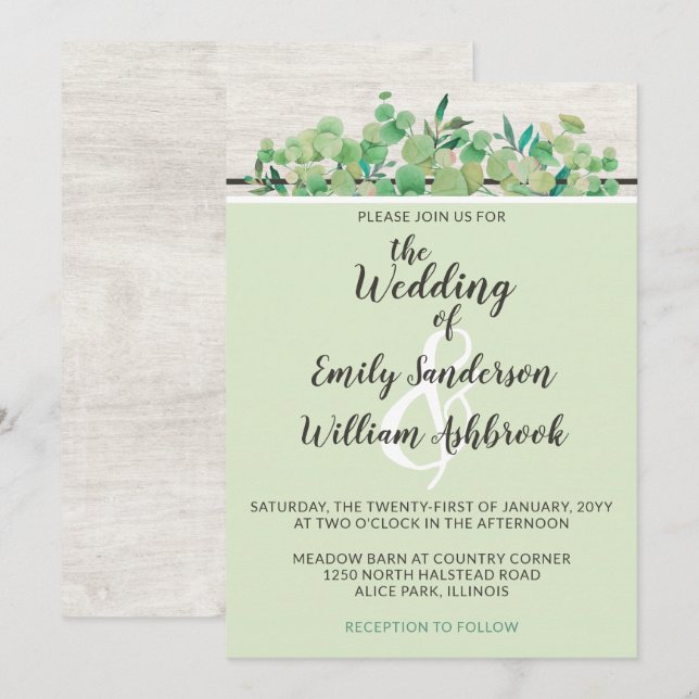 Invitación Boda Botánica de Madera Rústica y Hoja de Eucalipt (Anverso / Reverso)