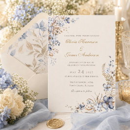 Invitación Boda botánica de marfil y champán azul polvoriento