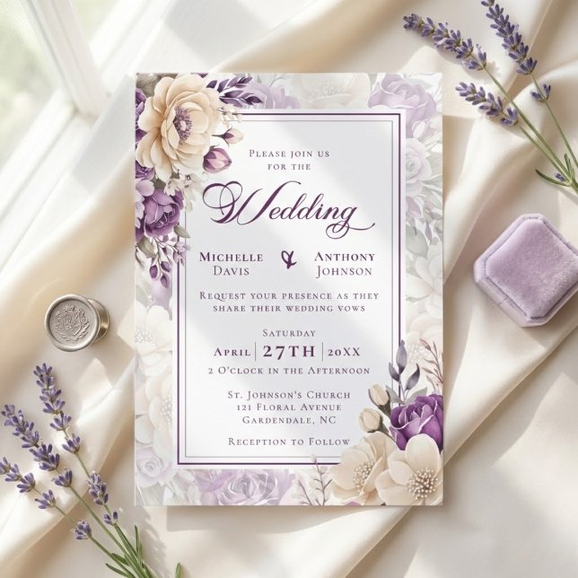 Invitación Boda Botánica de Marfil y Lavanda (Ivory Lavender Botanical Wedding Invitation)
