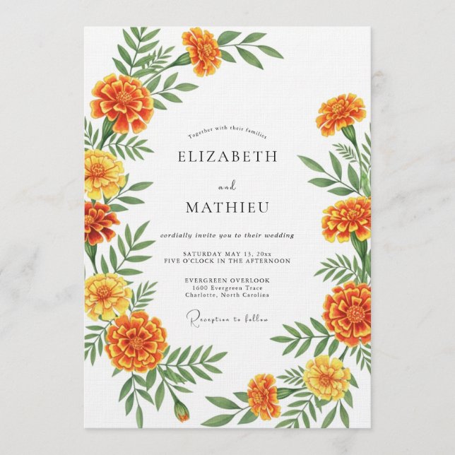Invitación Boda Botánica de Marigold Naranja (Anverso)