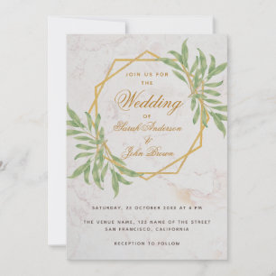 Invitación Boda Botánica de Mármol Dorado con Geometría Verde