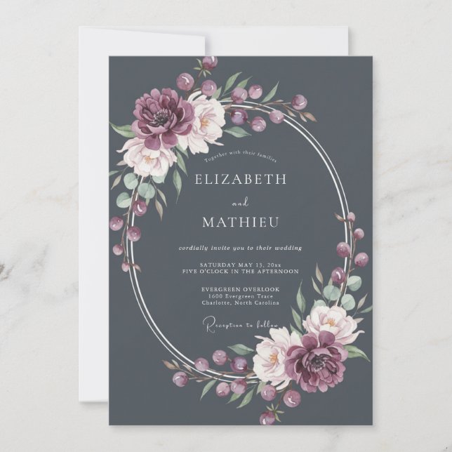 Invitación Boda Botánica de Medianoche Gris Carbón (Anverso)