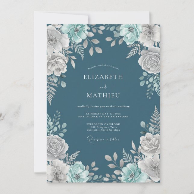 Invitación Boda Botánica de Medianoche Verdeazulada (Anverso)