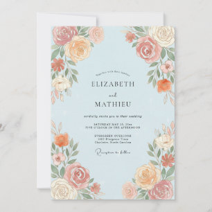 Invitación Boda Botánica de Melocotón Azul Claro