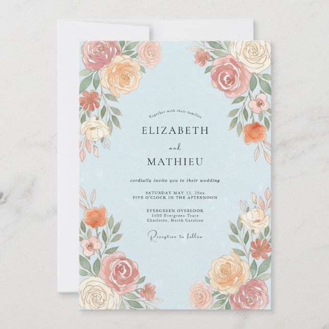Invitación Boda Botánica de Melocotón Azul Claro (Anverso)