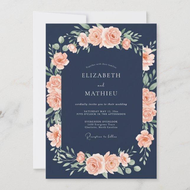 Invitación Boda Botánica de Melocotón Azul Marino (Anverso)