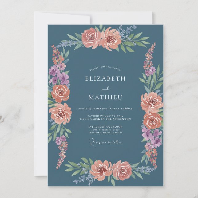 Invitación Boda Botánica de Melocotón Azul Polvoriento (Anverso)