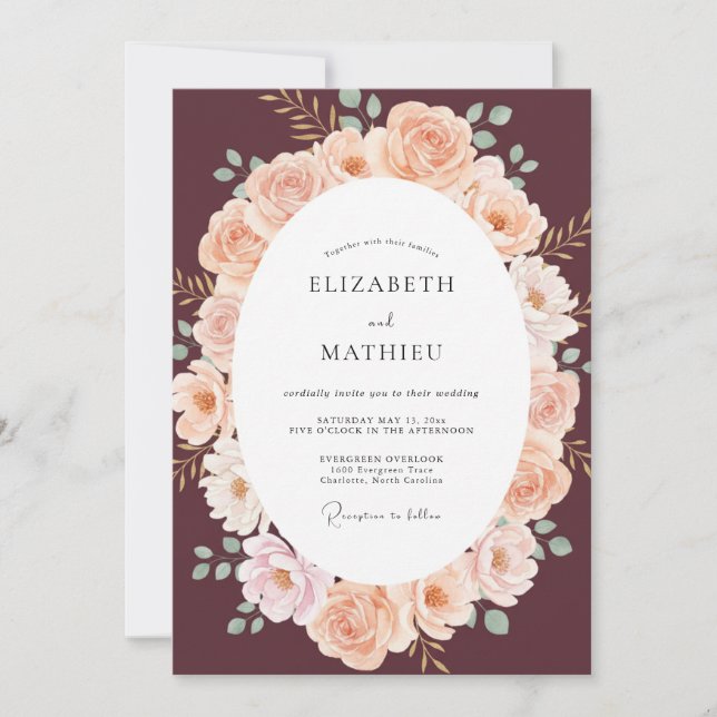 Invitación Boda Botánica de Melocotón Borgoña (Anverso)